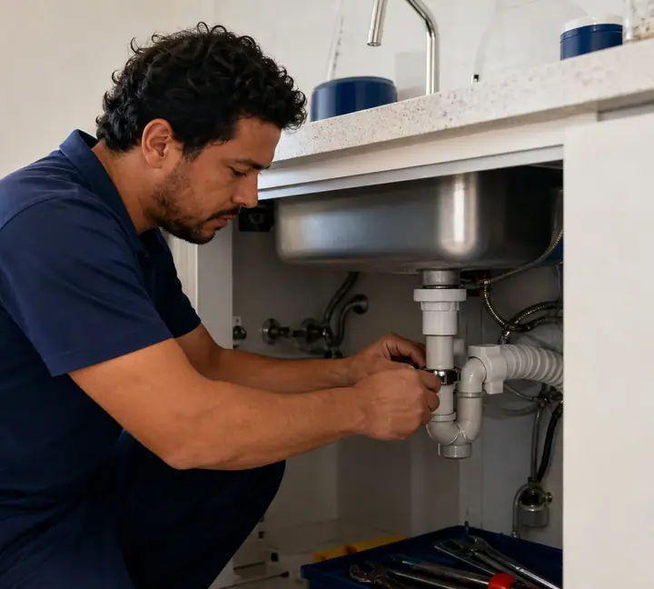 Encanador e bombeiro hidráulico fazendo reparo residencial no Rio de Janeiro