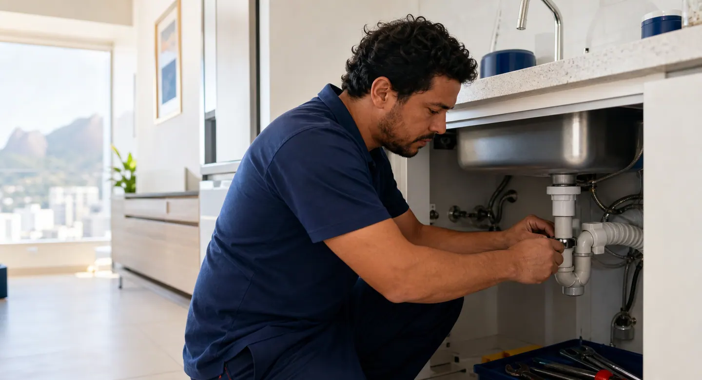 Técnico realizando manutenção hidráulica em uma cozinha residencial