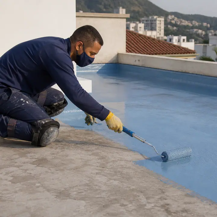 Técnico aplicando membrana impermeabilizante em laje residencial