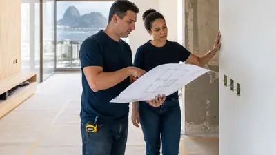 Profissionais analisando projeto durante reforma residencial