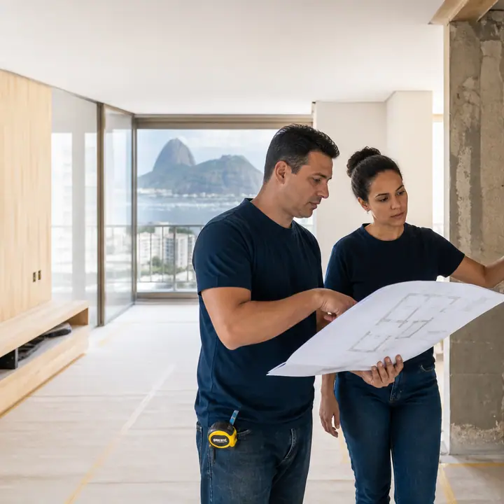 Equipe da área técnica avaliando detalhes de uma reforma