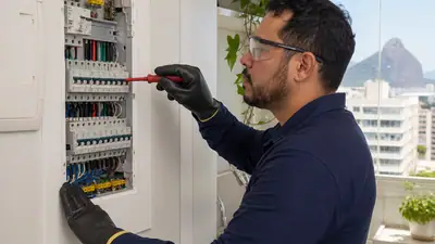 Eletricista inspecionando quadro elétrico com equipamento de proteção