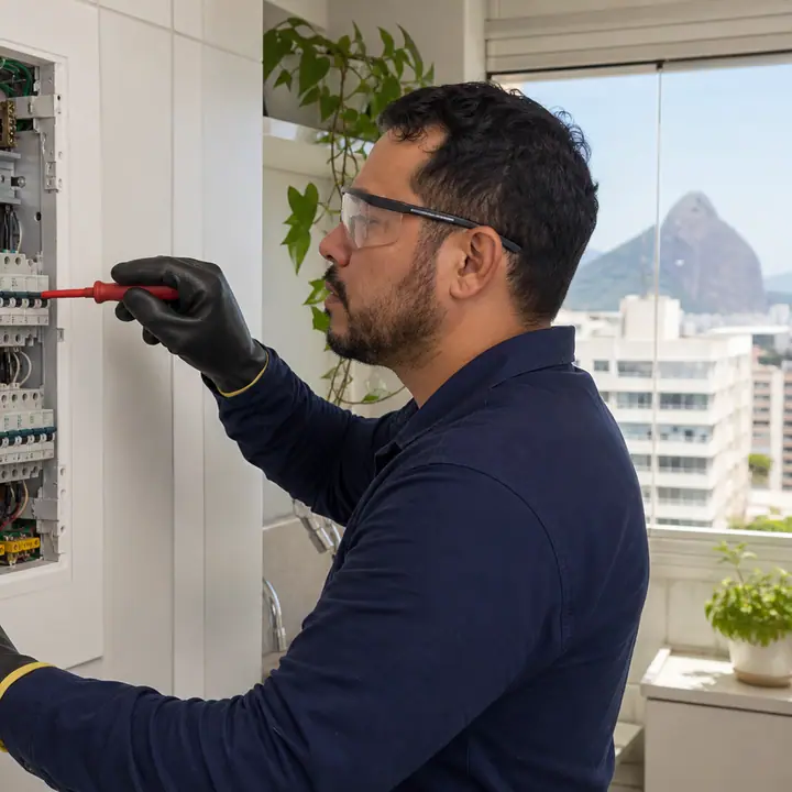 Eletricista inspecionando quadro de distribuição