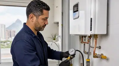 Técnico gasista realizando teste em tubulação de gás